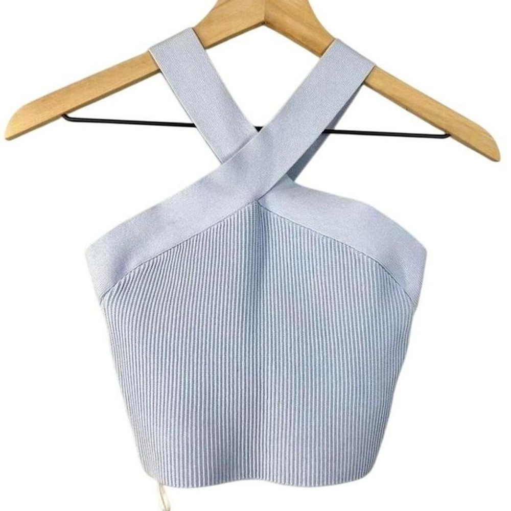 Babaton Light Blue Ribbed Halter‎ Neck Criss Cross Crop Top Small